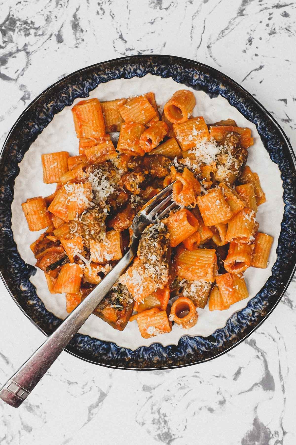 A bowl of Pasta Alla Norma with Rigatoni Pasta