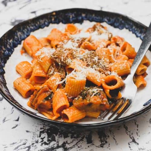 A bowl of Pasta Alla Norma with Rigatoni Pasta