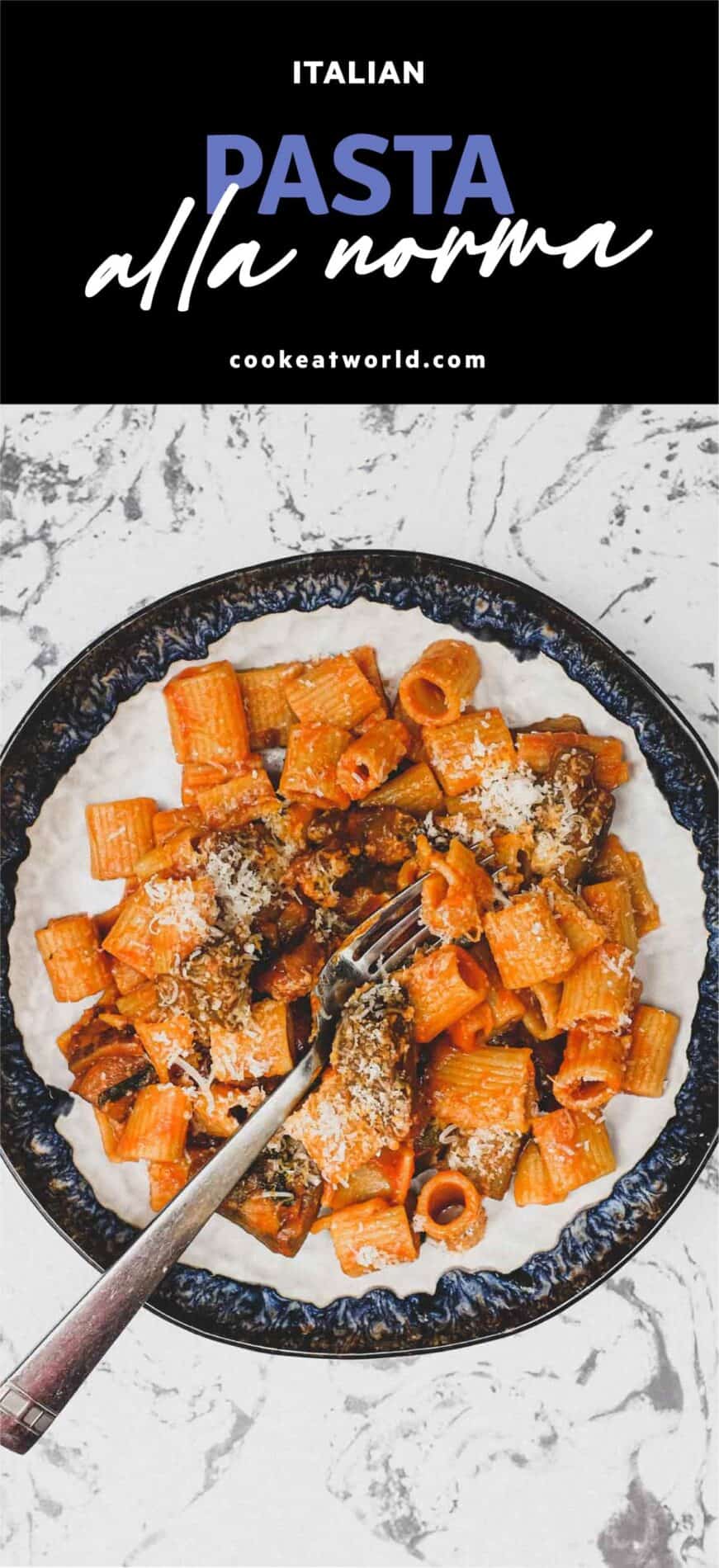 A bowl of Pasta Alla Norma with Rigatoni Pasta