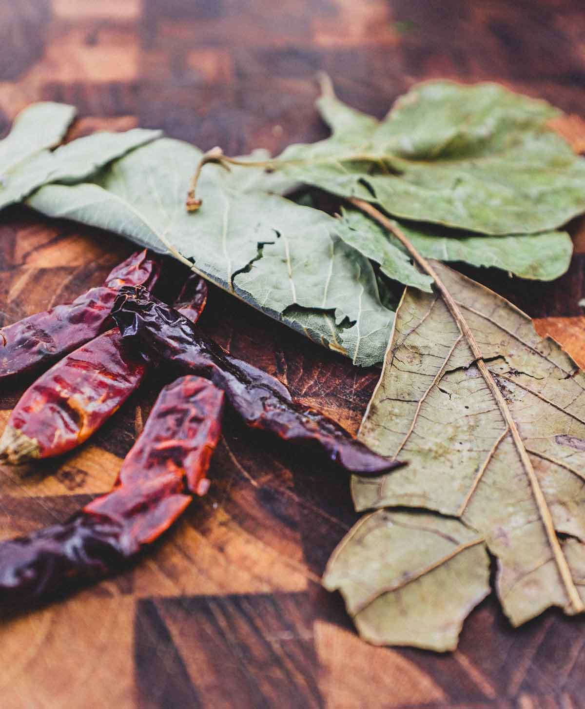 Arbol Chillies and dried Avocado leaves. Ingredients for refried beans.