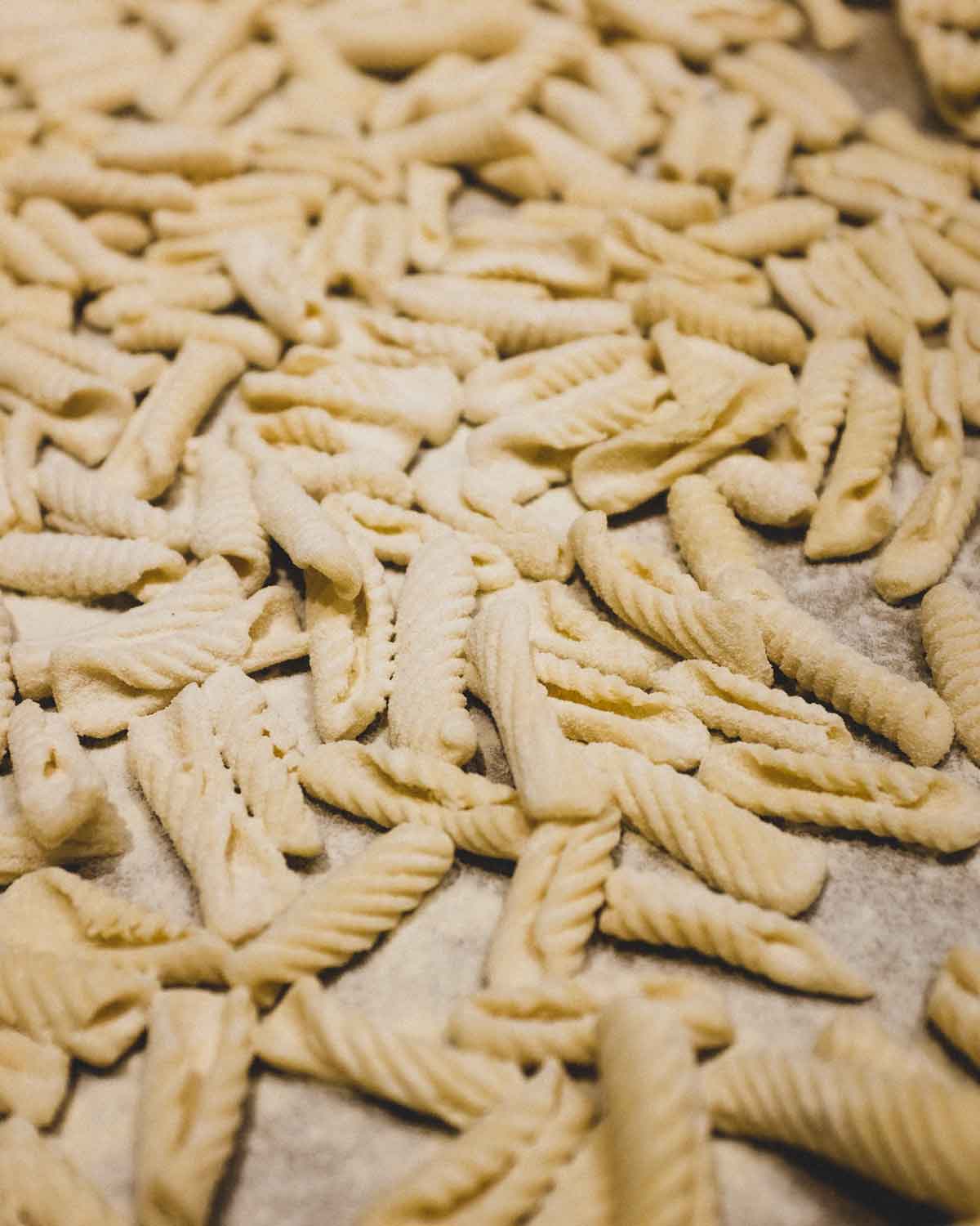 Rolled cavatelli on a baking sheet