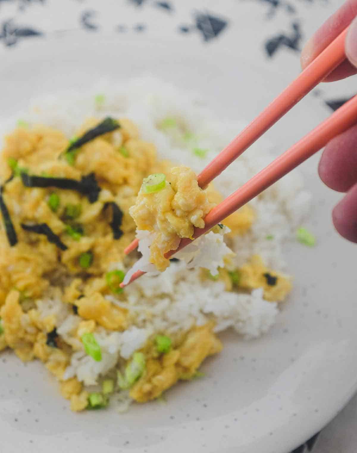 Scrambled eggs seasoned with mirin, sesame and soy sauce - served over rice.