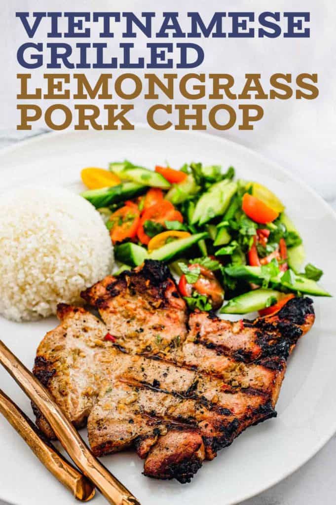 Pork chops marinated in lemongrass and other aromatic Vietnamese ingredients. Served with a simple salad of cucumber, tomato and herbs. A Nước chấm dipping sauce accompanies.