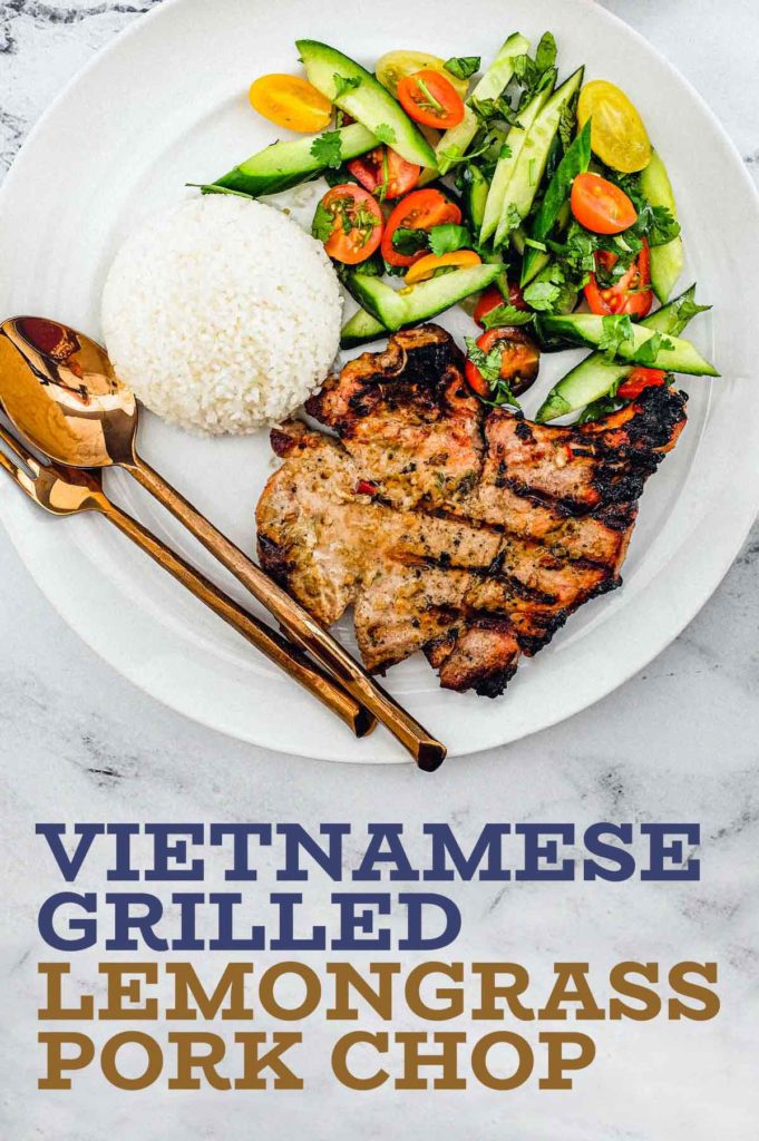 Pork chops marinated in lemongrass and other aromatic Vietnamese ingredients. Served with a simple salad of cucumber, tomato and herbs. A Nước chấm dipping sauce accompanies.