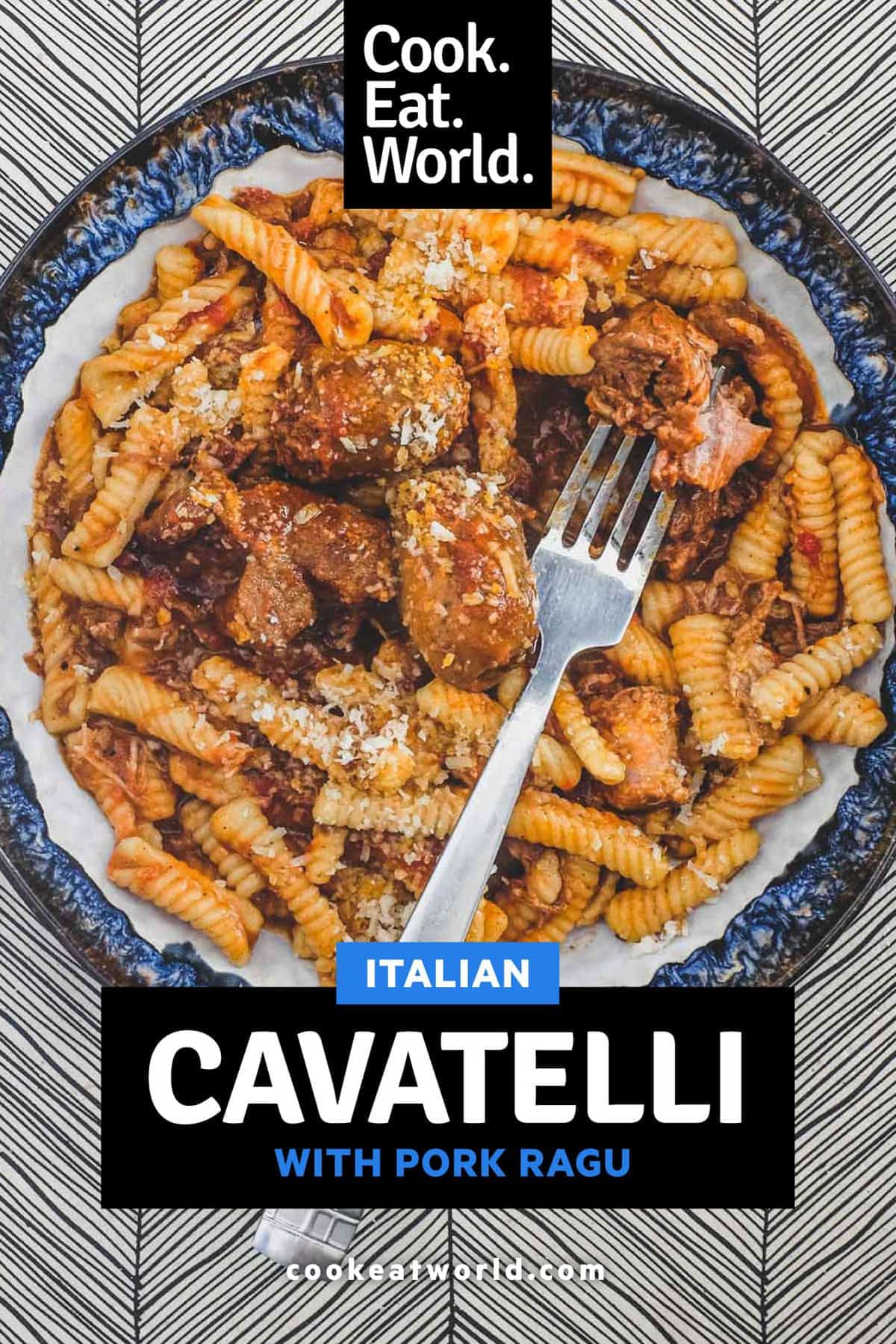A bowl of cavatelli pasta with pork rag&ugrave; with a fork