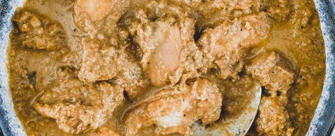 A bowl of Chicken Korma Curry with a spoon
