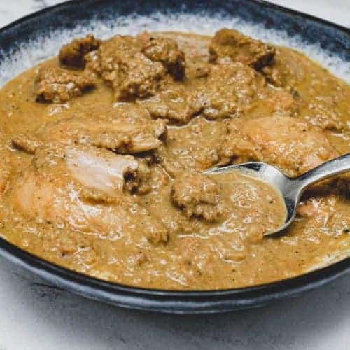 A bowl of Chicken Korma Curry with a spoon