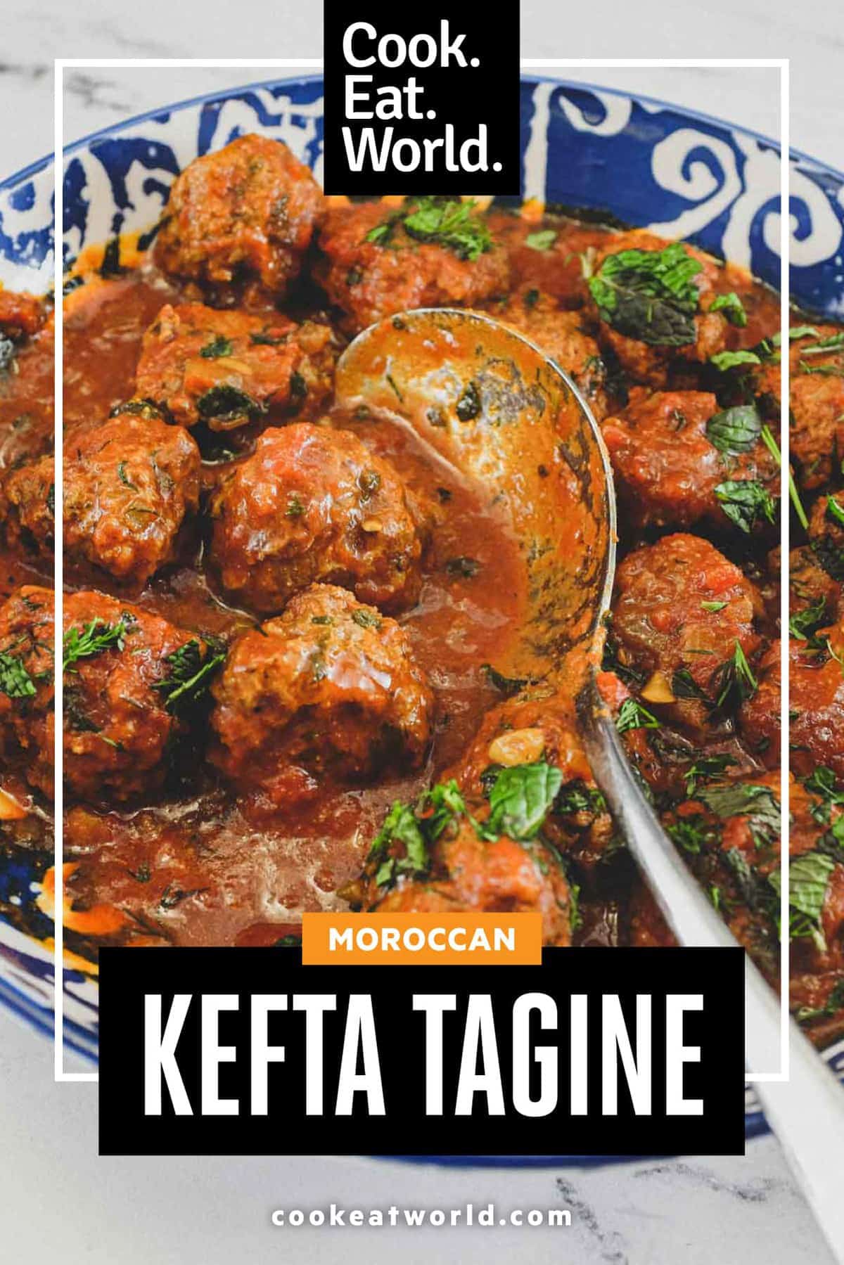 A large bowl of Moroccan Kefta (meatballs) tagine with a spoon.