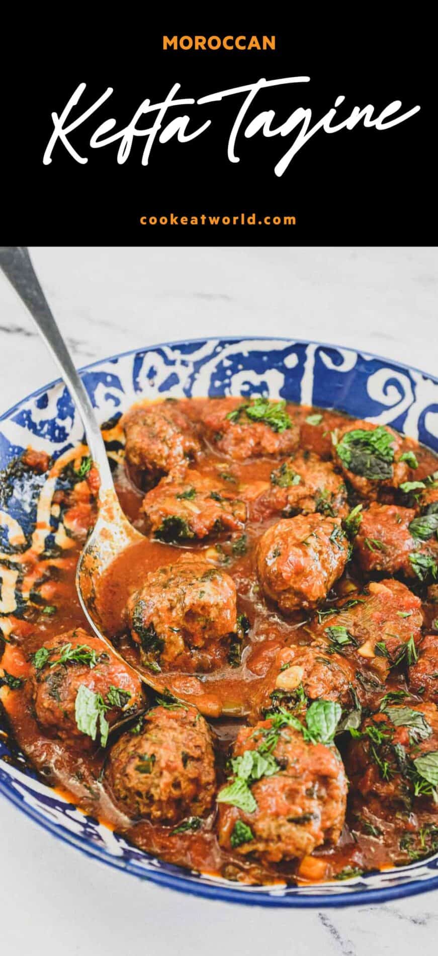 A large bowl of Moroccan Kefta (meatballs) tagine with a spoon.