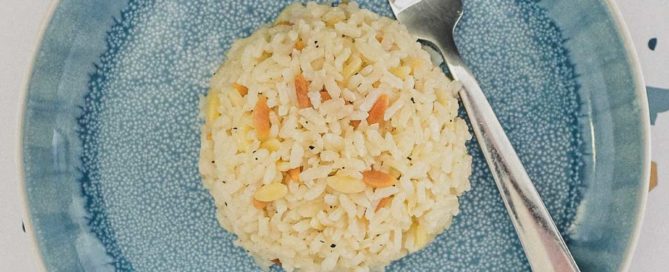 A mound of Turkish Pilav on a plate with a fork