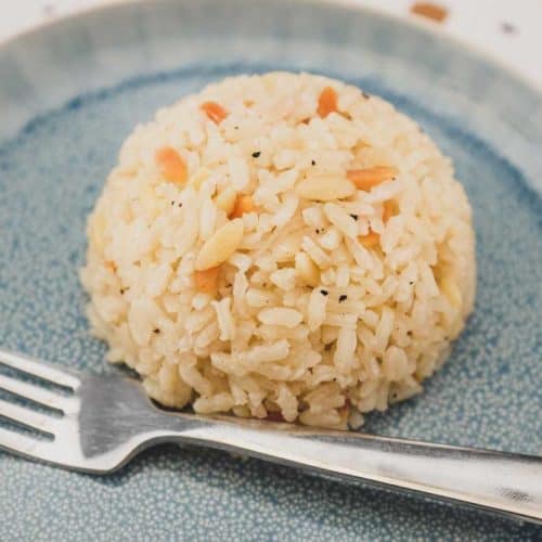 A mound of Turkish Pilav on a plate with a fork
