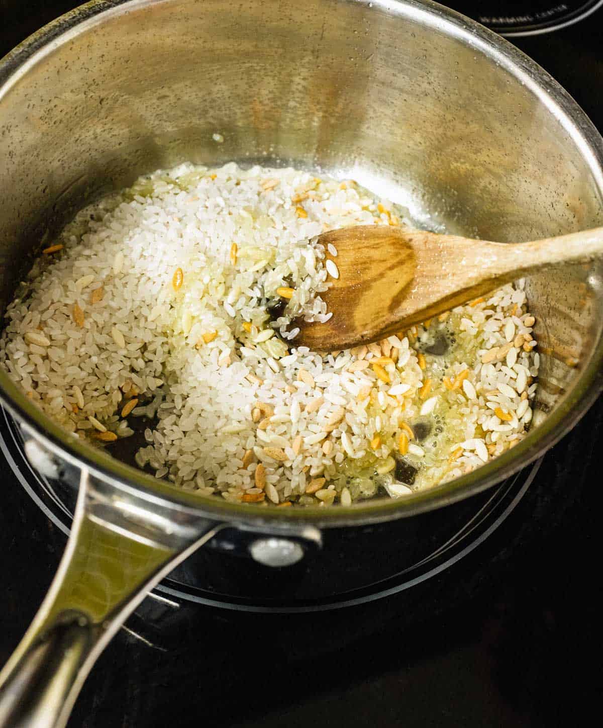 Rice cooking in a pan