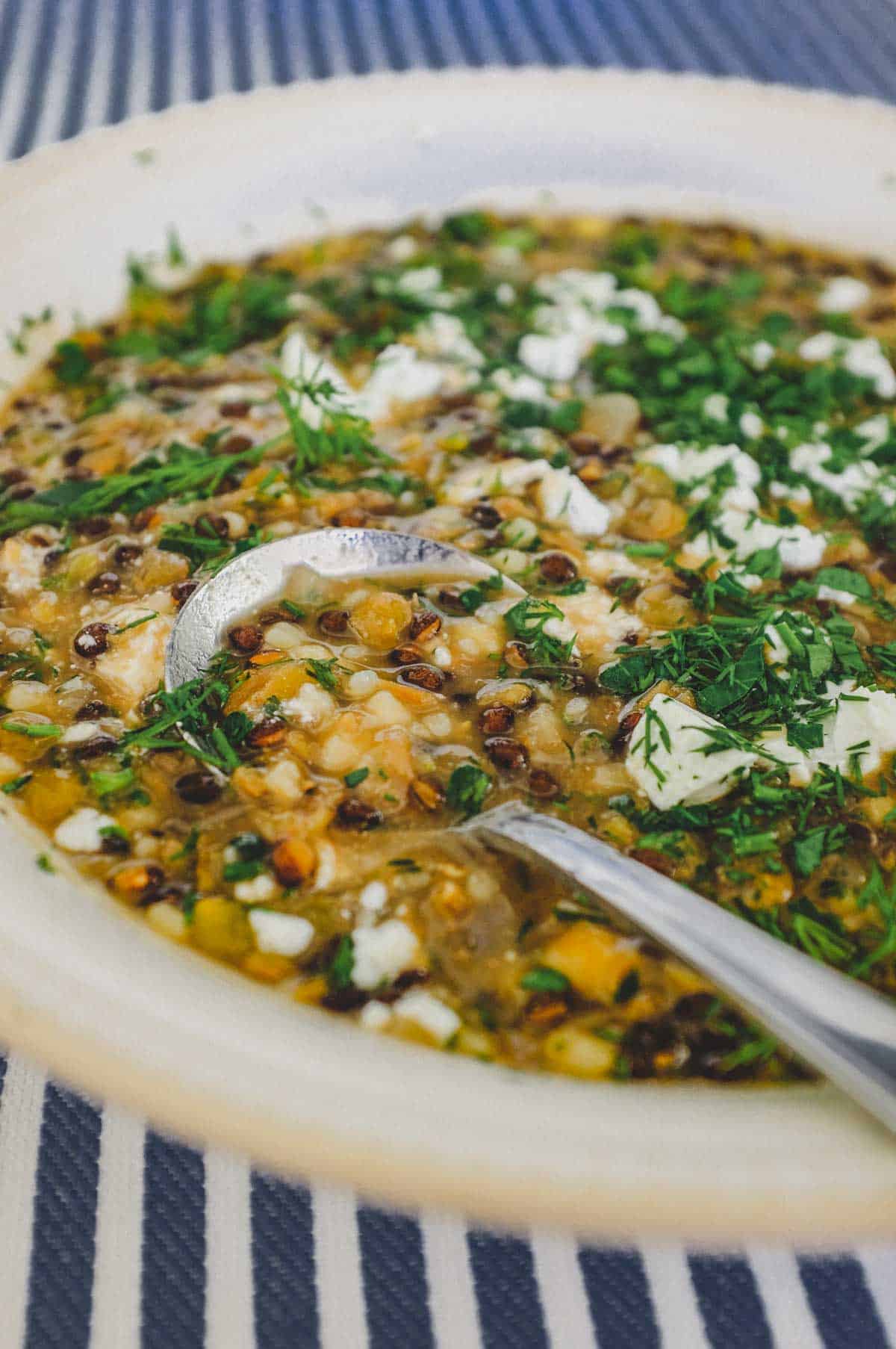 Greek Tarhana Soup with Lentils & Herbs