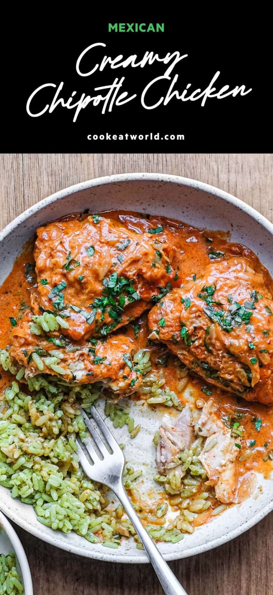 A bowl of Mexican chipotle chicken with green rice with a fork