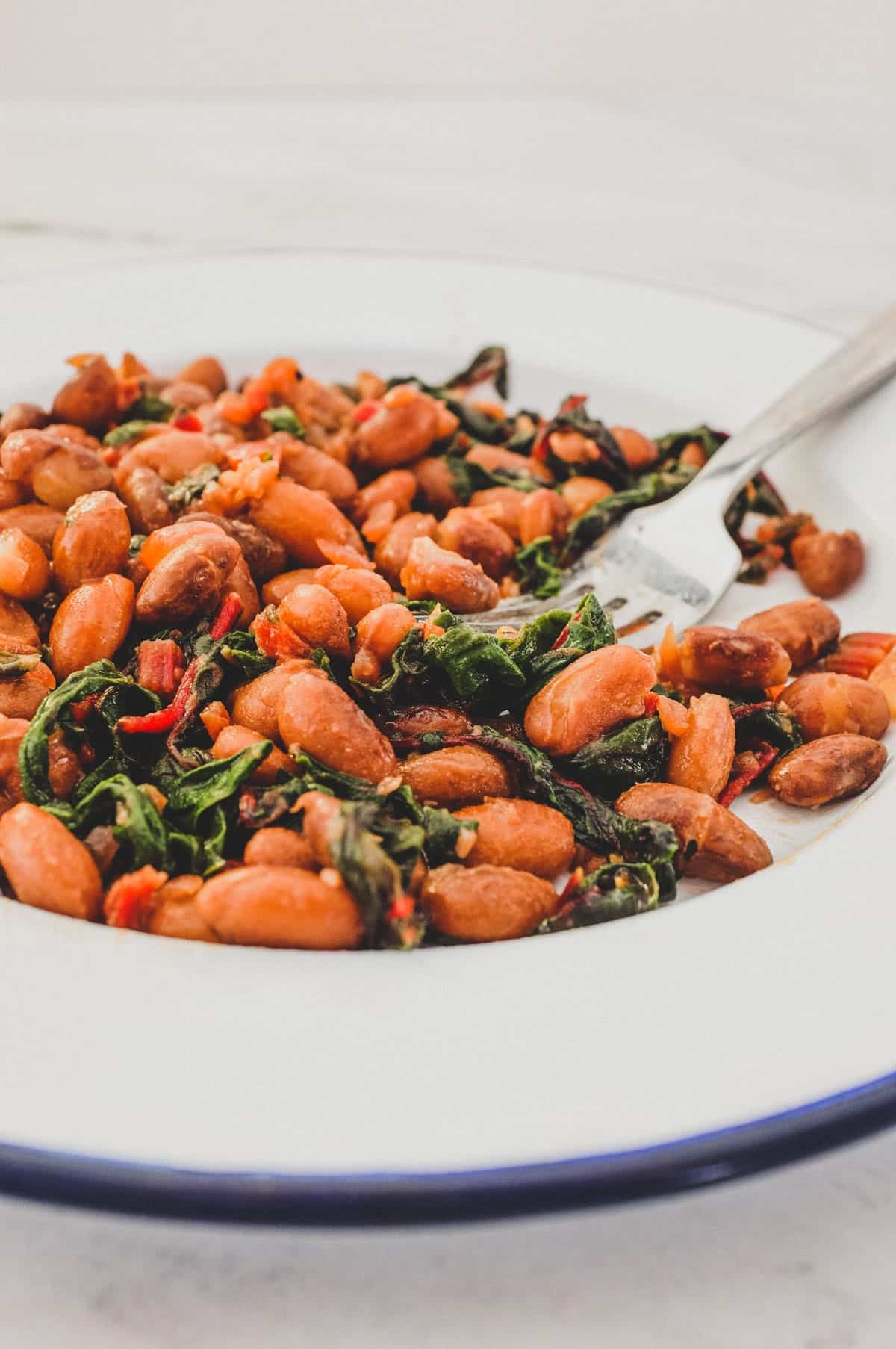 Borlotti beans cooked with chard (silverbeet) on a plate with a fork