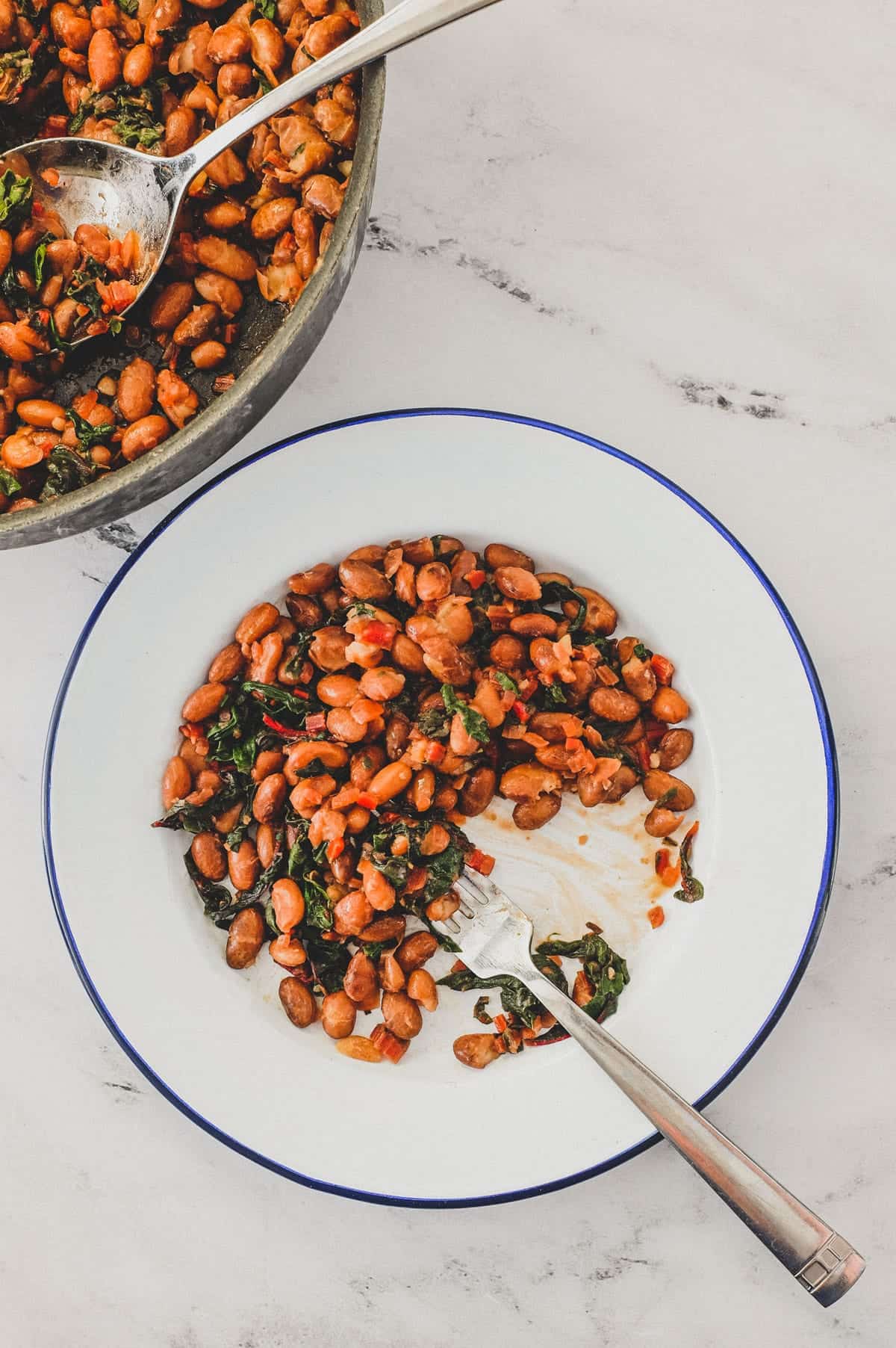 Borlotti beans cooked with chard (silverbeet) on a plate with a fork