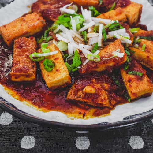 Fried tofu is lightly braised in Korean chilli (gochugaru) and topped with radish and spring onion