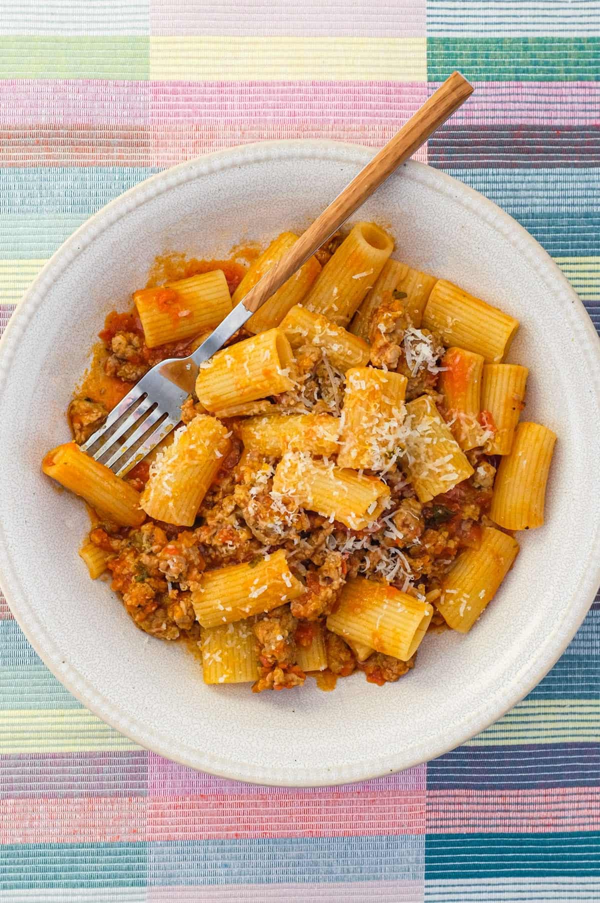 Rigatoni pasta in a bowl with sausage cooked in tomato sauce