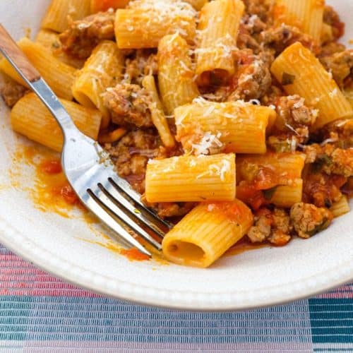 Rigatoni pasta in a bowl with sausage cooked in tomato sauce