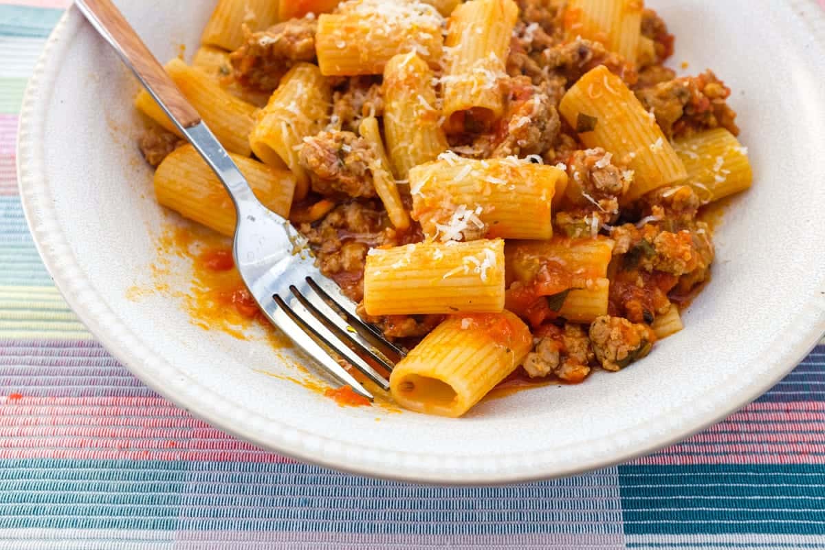 Rigatoni pasta in a bowl with sausage cooked in tomato sauce