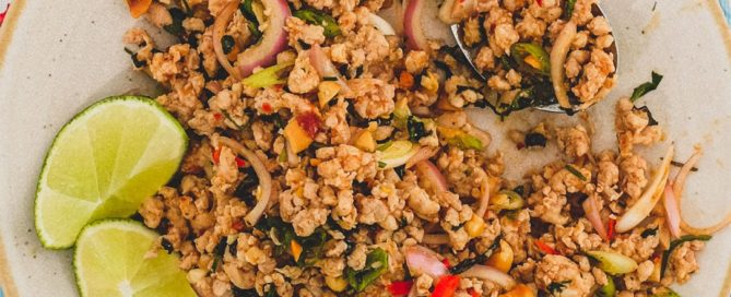 Ground chicken combined with Laotian aromatics and spices to a form a dry, spicy chicken salad. The platter sits on a colourful, floral tablecloth - like the kind you find in South East Asian markets.