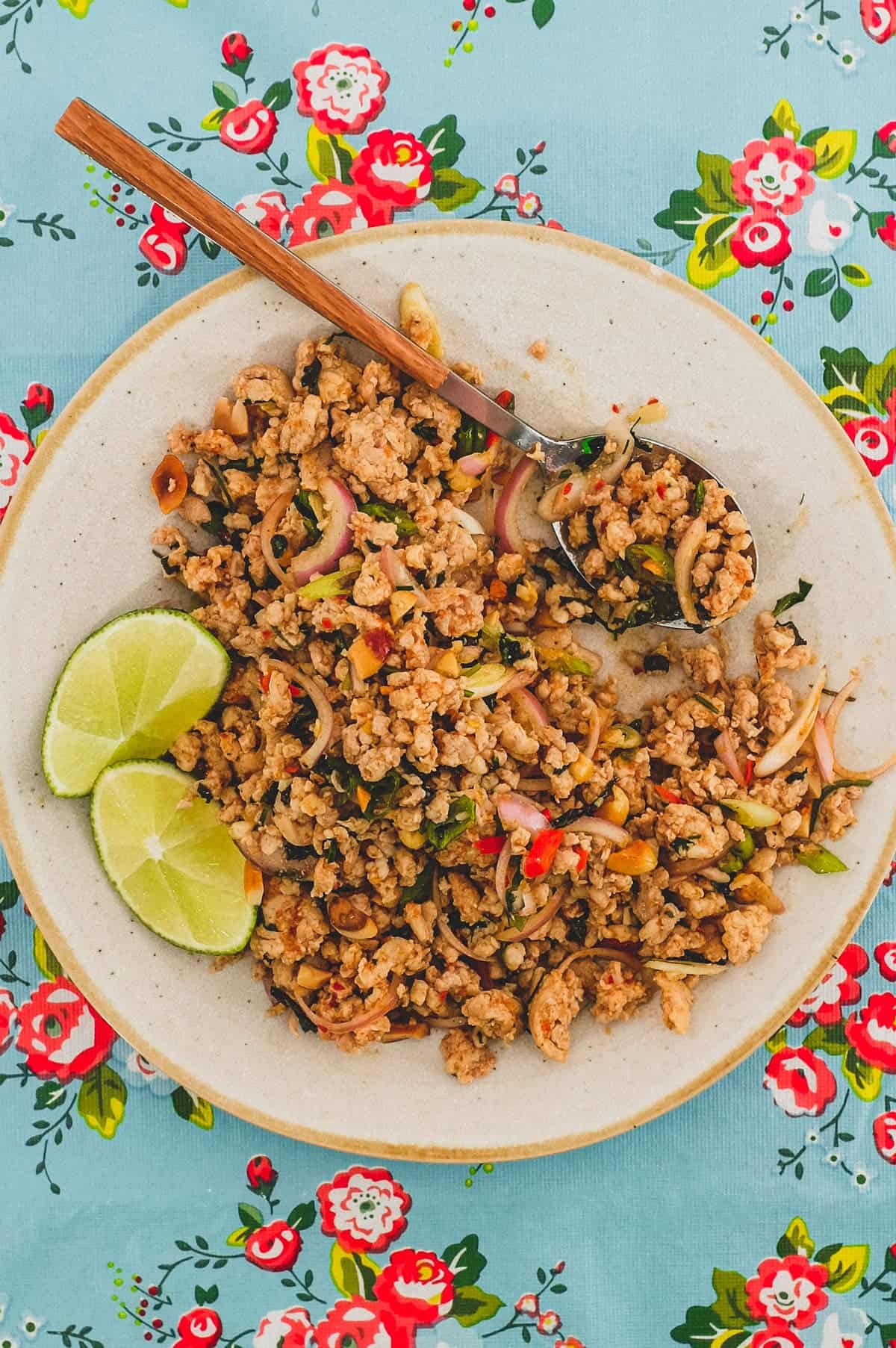 Ground chicken combined with Laotian aromatics and spices to a form a dry, spicy chicken salad. The platter sits on a colourful, floral tablecloth - like the kind you find in South East Asian markets.