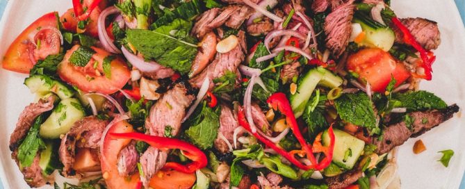 Yum Nua Thai beef salad with medium-rare steak and a spicy lime dressing