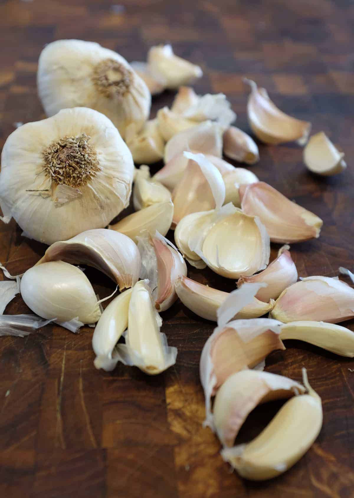 Garlic on a wooden worktop