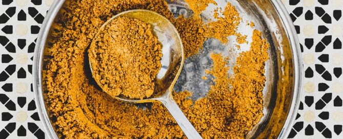 Ground spices combined with turmeric form a yellow spice powder called Hawaij, shown here in a silver bowl with spoon on an Arabic patterned background.