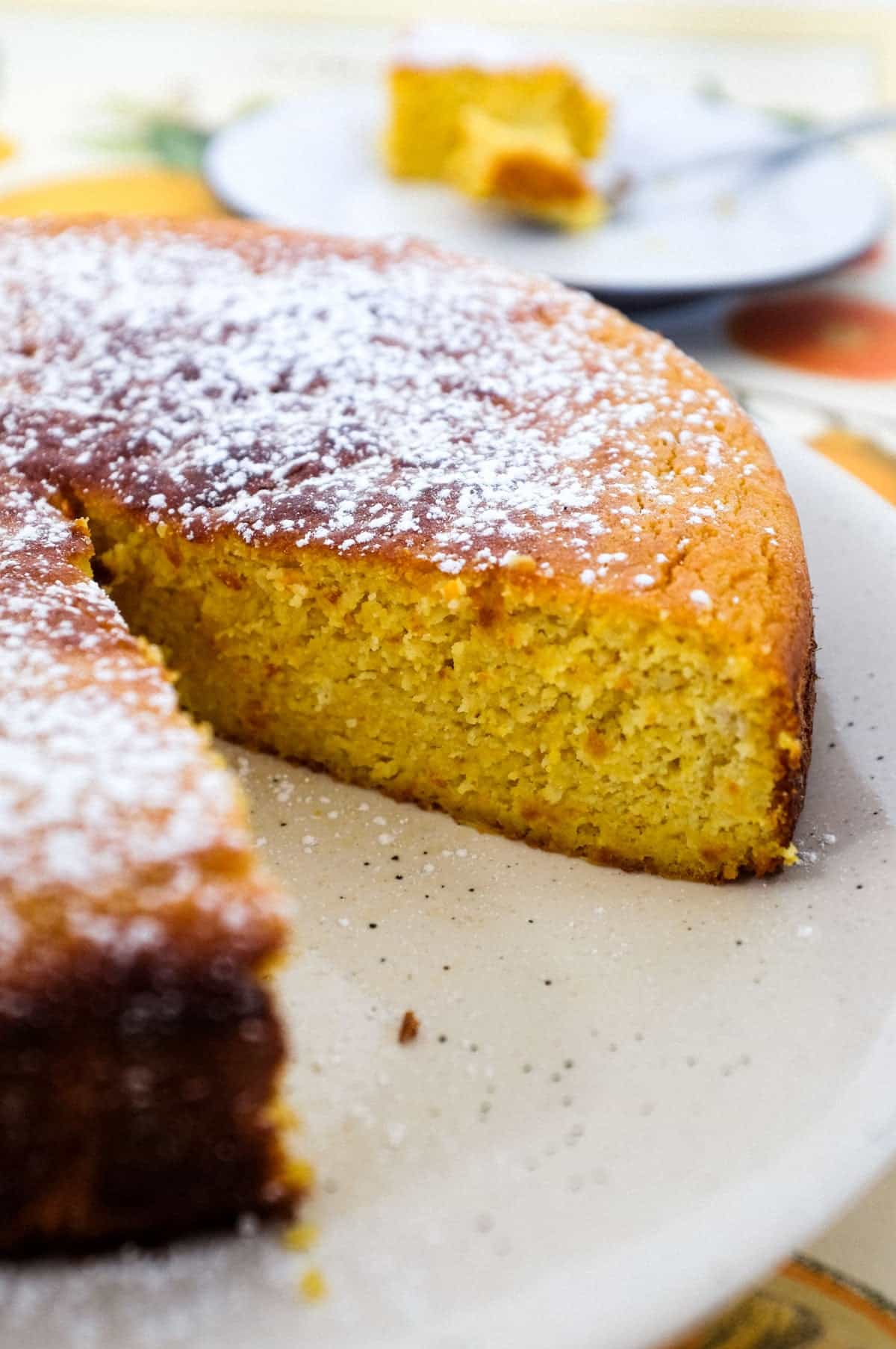 A flourless orange cake, dusted with icing sugar, sits in the foreground with a slice taken out of it. The slice of cake sits in the background out of focus.