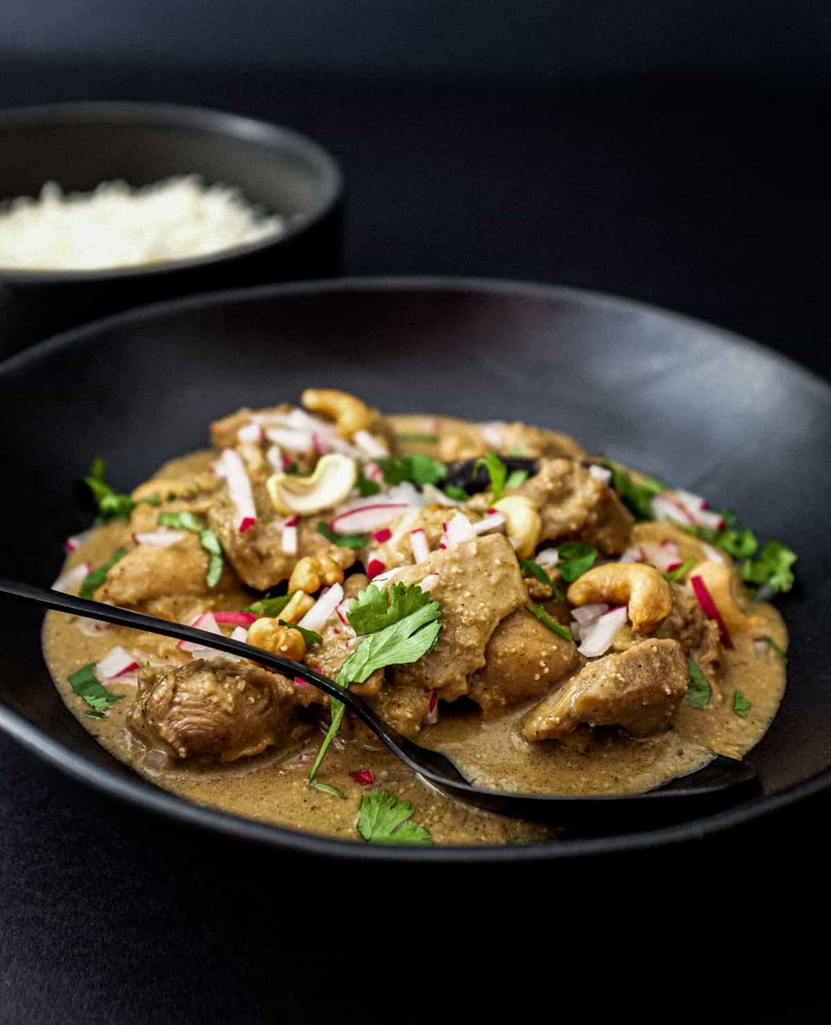 Bengali Rezala Chicken in a black bowl with spoon on a black background.