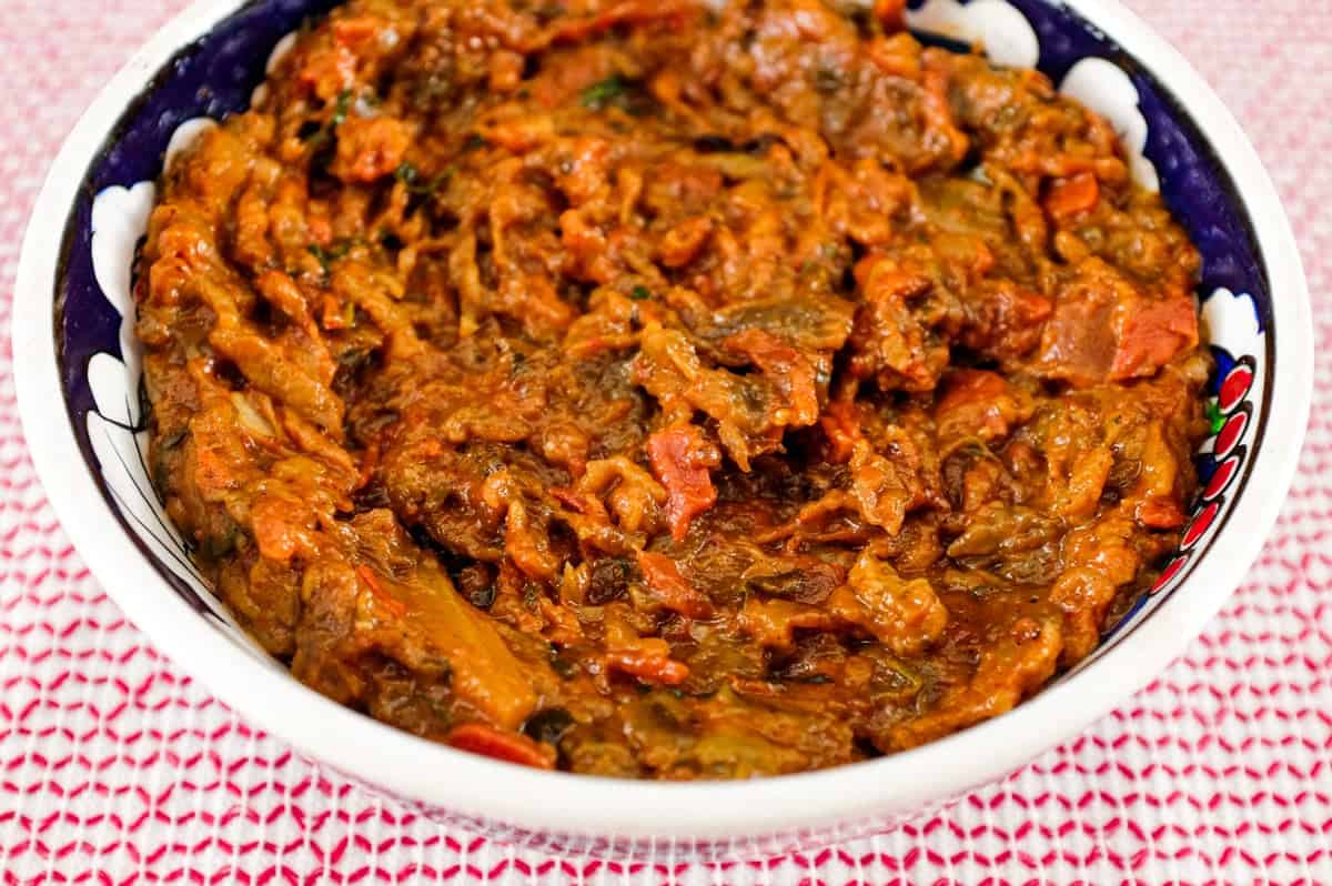 Zaalouk, a Moroccan dip or salad in a bowl