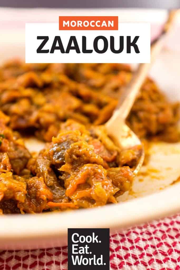 Zaalouk, a Moroccan dip or salad on a platter with a spoon
