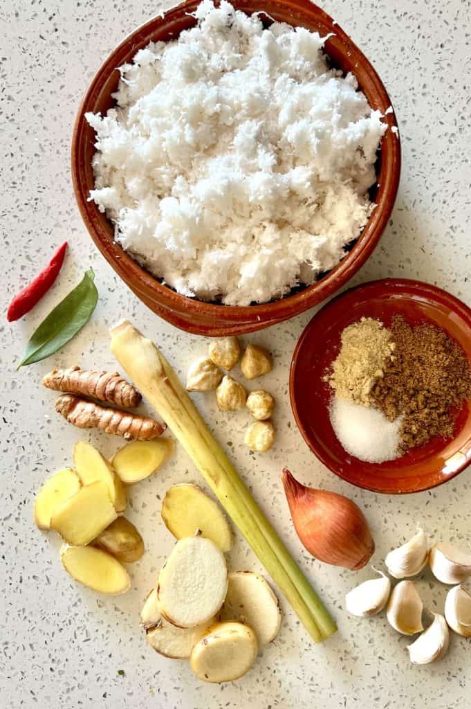 The paste ingredients for Ayam Serundeng (Crispy Chicken with coconut), including lemongrass, galangal, coconut, ginger and more.