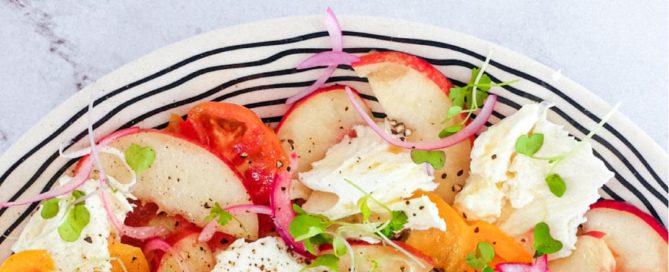 A platter of Burrata & Peach Salad for Mother's Day