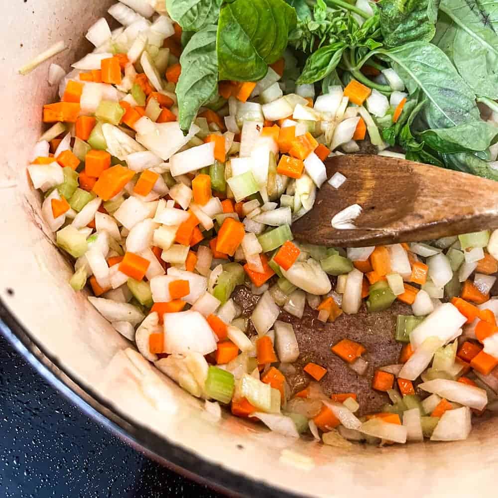 Sautéing onion, carrot and celery for the Neapolitan Ragù