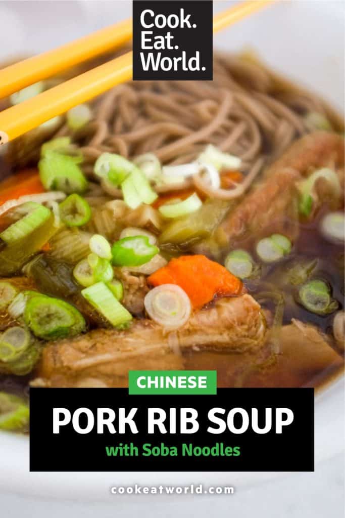 A bowl of pork rib soup with soba noodles