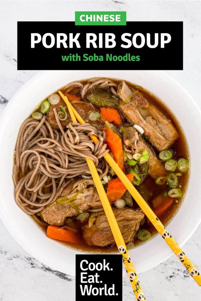 A bowl of pork rib soup with soba noodles