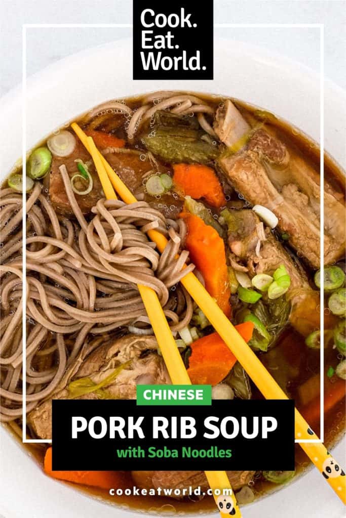 A bowl of pork rib soup with soba noodles