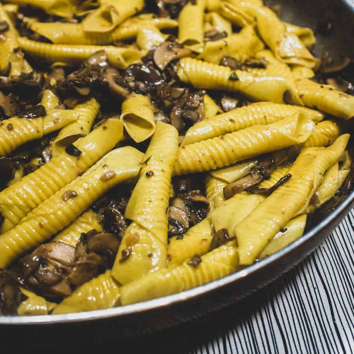 Garganelli Pasta with Mushroom Ragu in a large pan