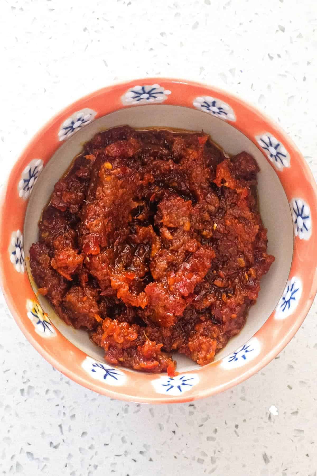 A small bowl of Malaysian chilli Sambal Sauce