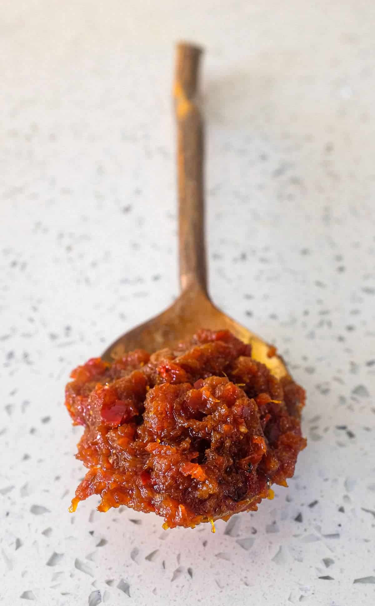 A copper spoon holds some Malaysian Sambal Sauce