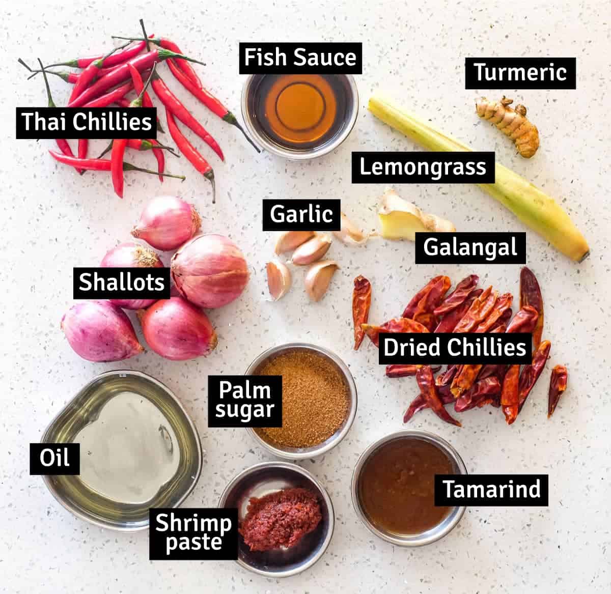 The ingredients that go into making Malaysian Sambal Sauce including chillies, lemongrass, shallots and shrimp paste