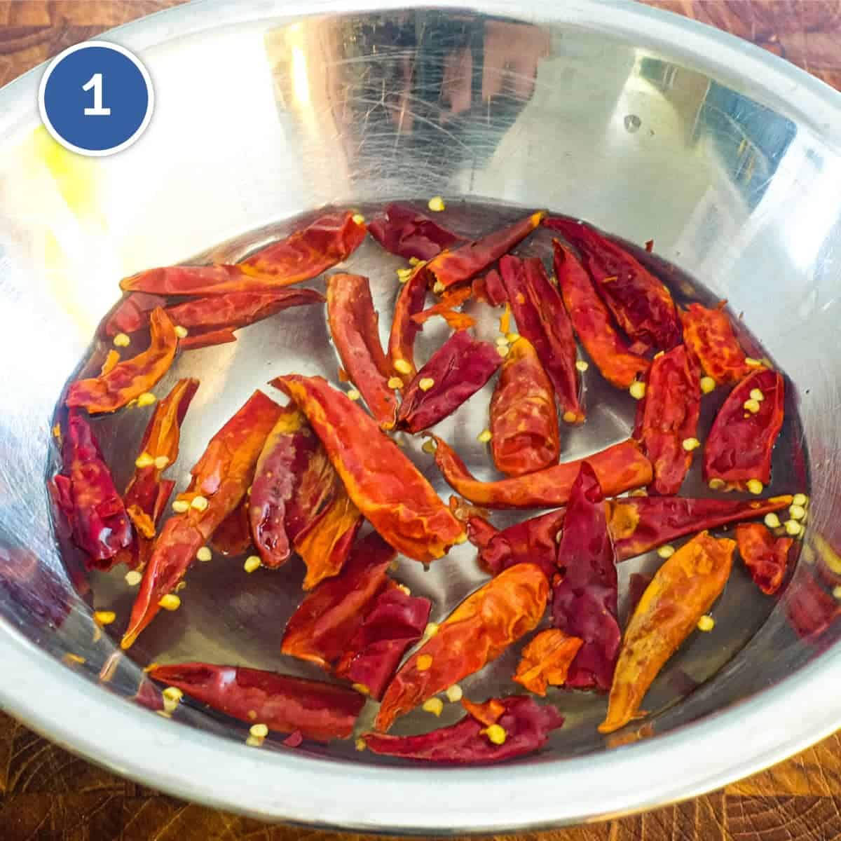 Dried chillies soaking in water for a Malaysian Sambal Sauce