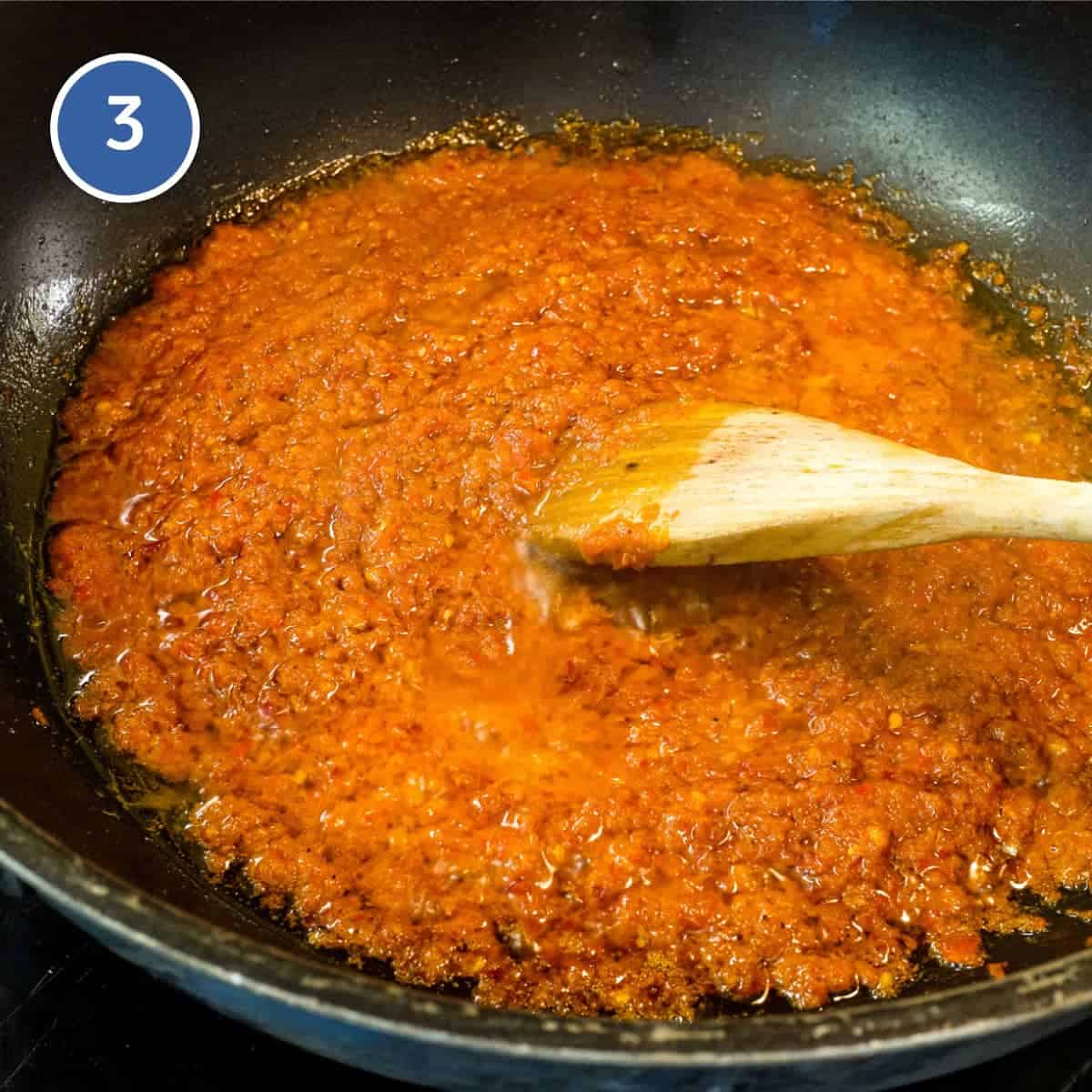 Malaysian Sambal Sauce being fried in oil