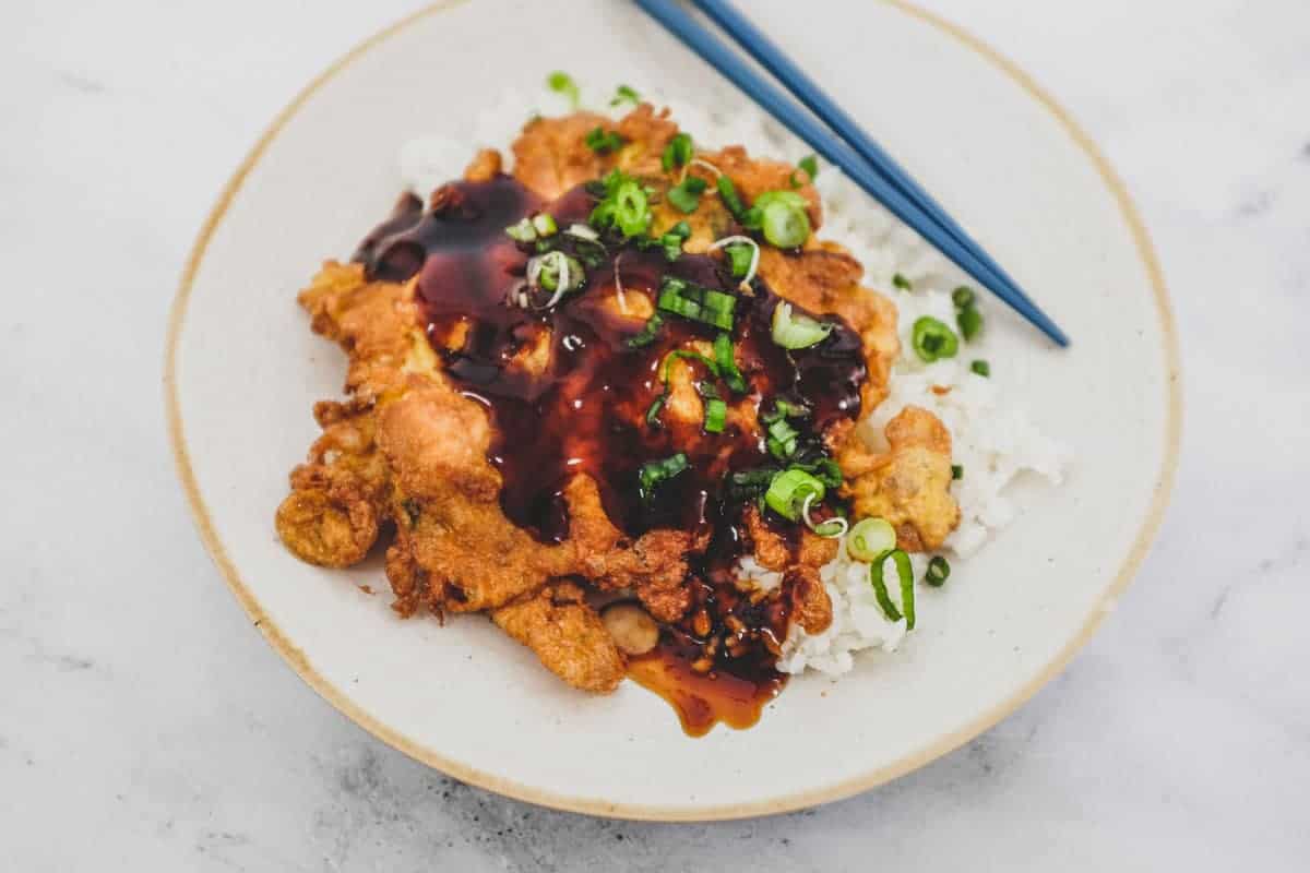 A plate of Chinese chicken egg foo young