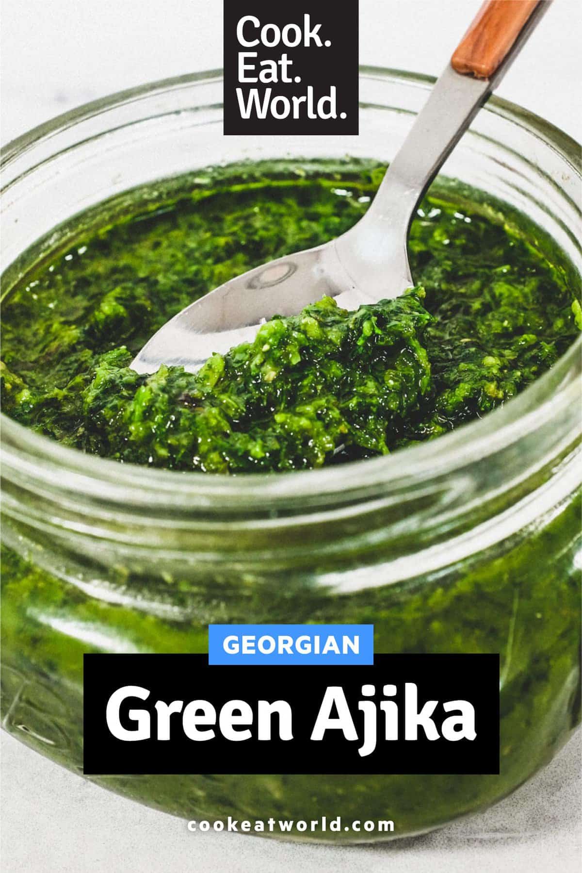 A small mason jar holds a green salsa from Georgia called Ajika