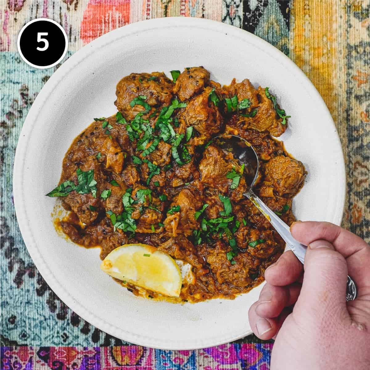 The final dish of Kosha Mangsho curry from Bengal, India.