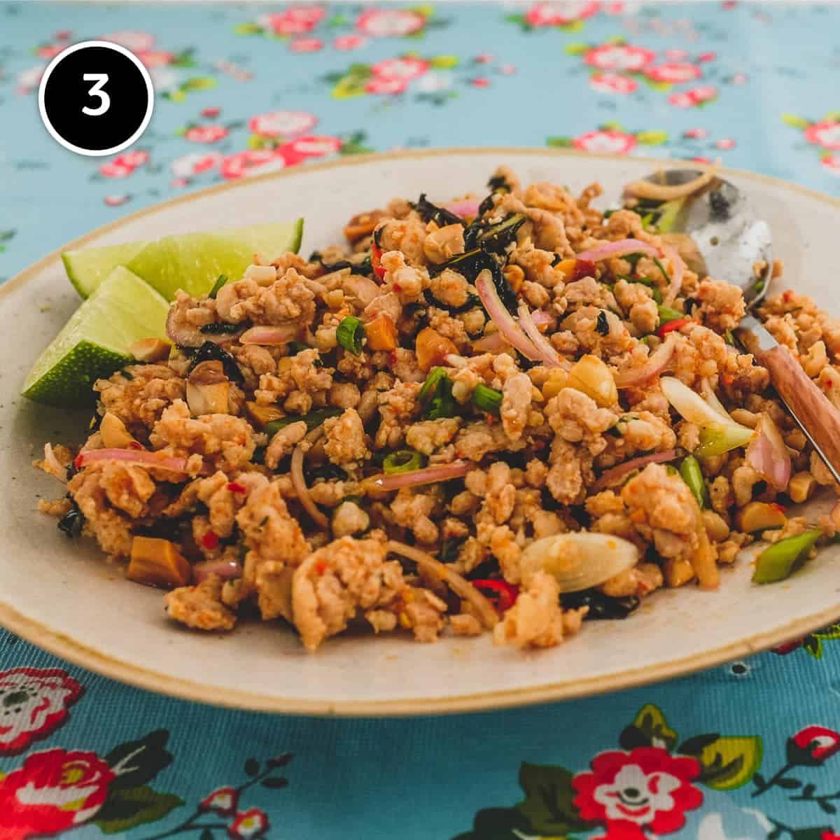 Ground chicken combined with Laotian aromatics and spices to a form a dry, spicy chicken salad. The platter sits on a colourful, floral tablecloth - like the kind you find in South East Asian markets.