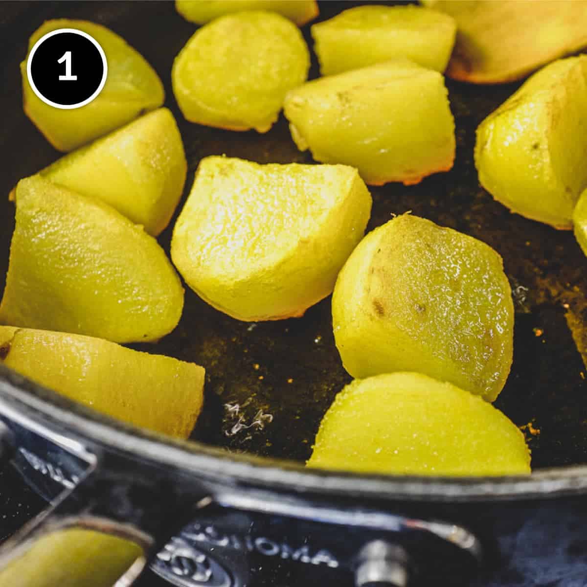 Frying potatoes for Saag Aloo (Spinach & Potato curry)